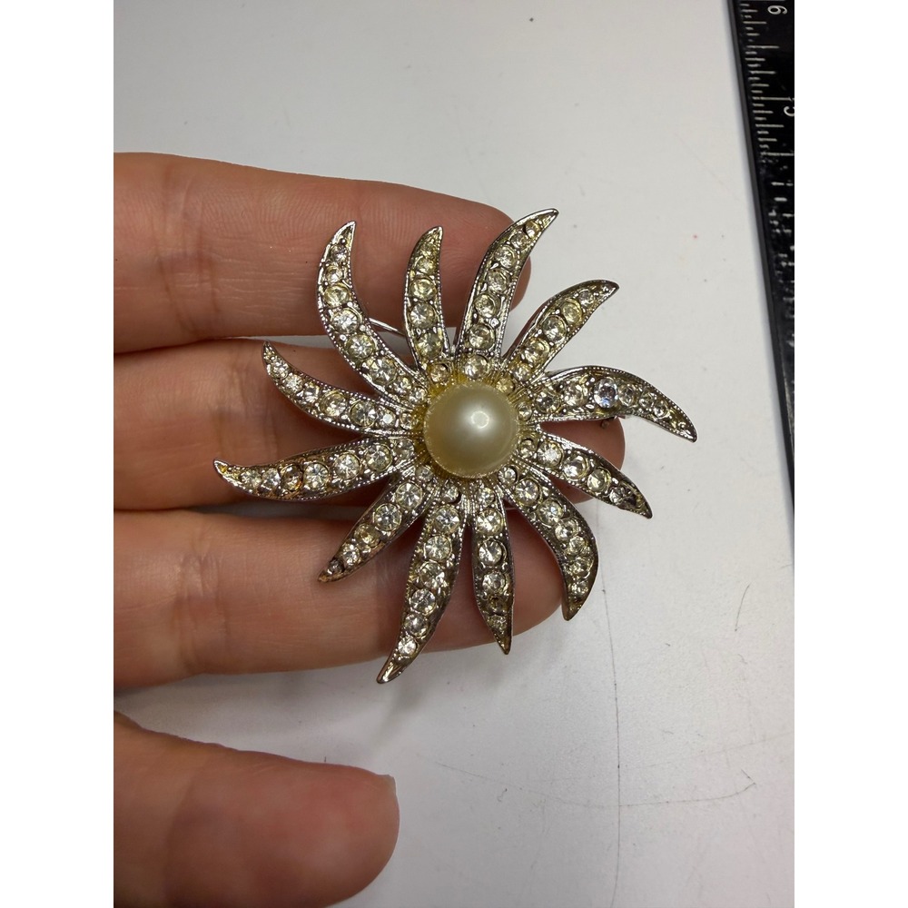 Vintage Sunburst Brooch Faux Pearl Rhinestone Silver Tone Starburst Pin 2.25"